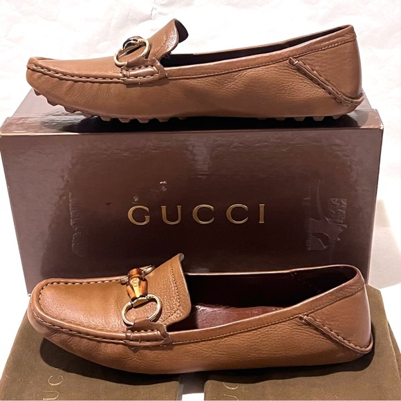 Authentic Gucci Leather Driving Shoes Loafers with Bamboo Horsebit Size 39 Tan - Picture 4 of 17